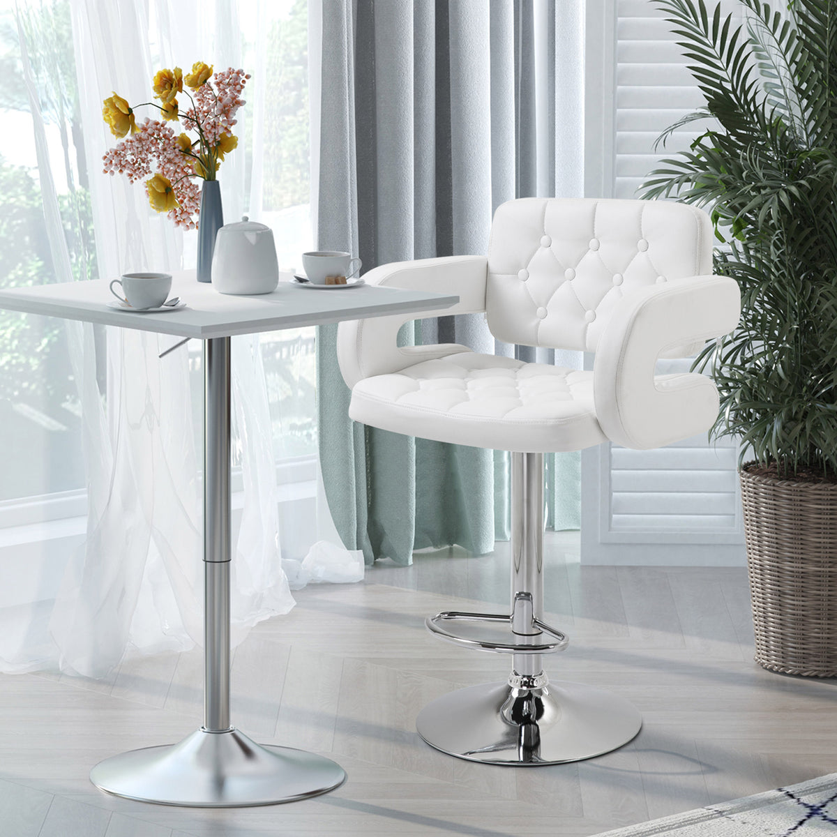 Tabouret de bar pivotant chaise de bar réglable en hauteur avec dossier repose-pieds et accoudoirs 61x50x93-113cm blanc