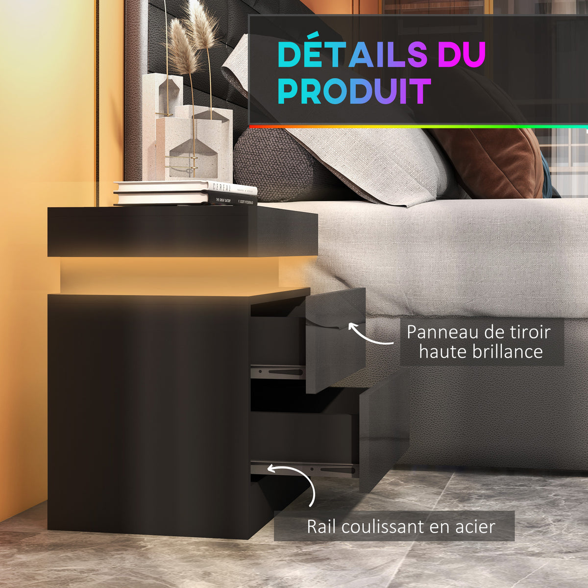 Table de chevet table de nuit lumière LED RVB panneau haute brillance avec 2 tiroirs pour salon chambre à coucher noir