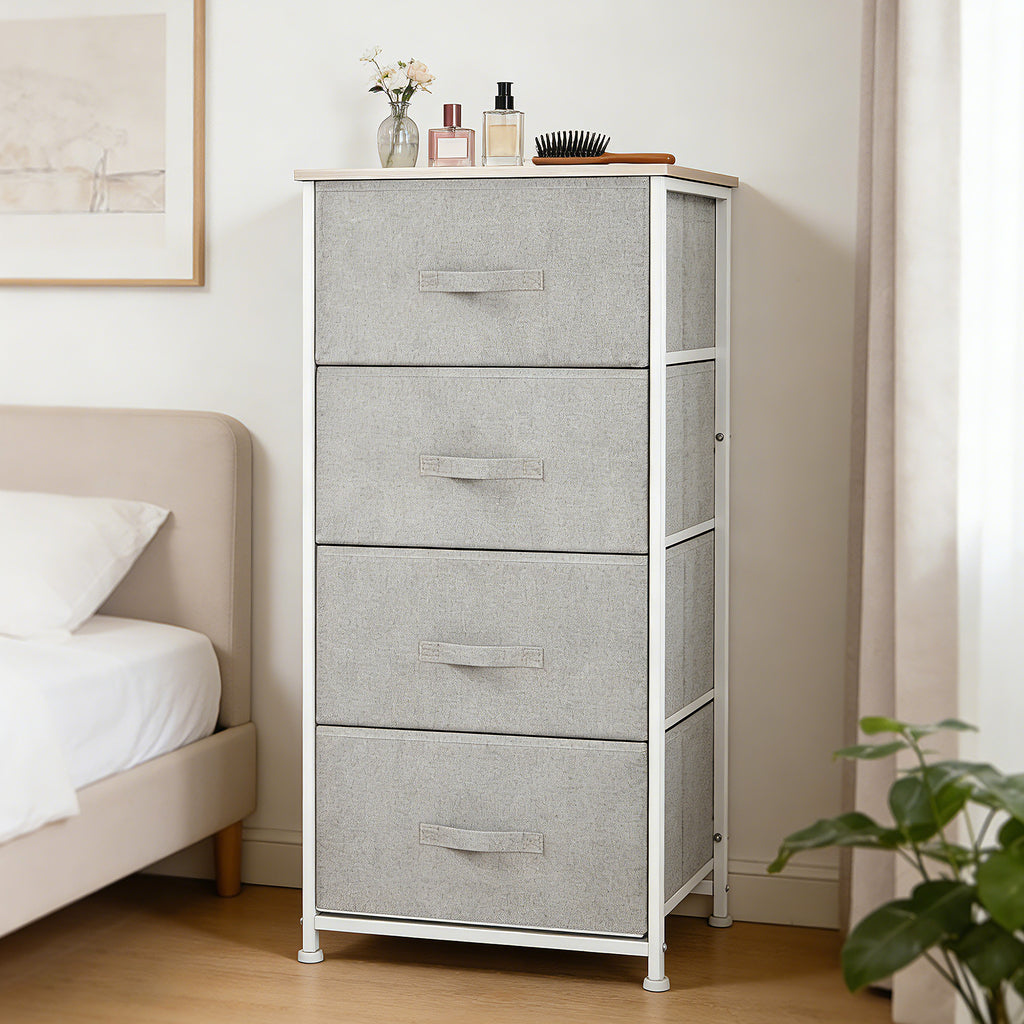 Commode en Tissu Meuble de Rangement 4 tiroirs chiffonnier dim. 45L x 30l x 92H cm Cadre en métal et non-tissé, blanc