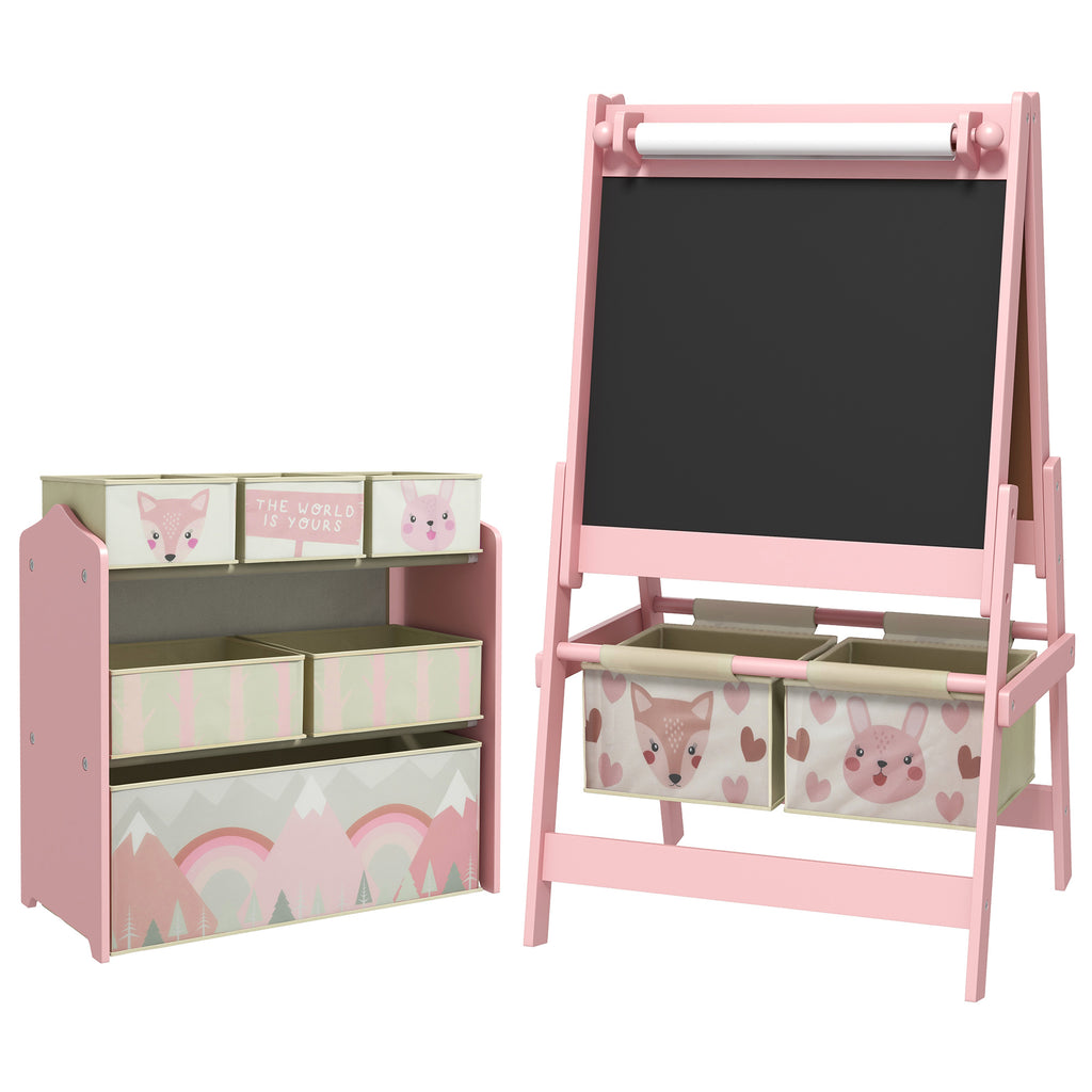 Tableau chevalet double-face rouleau papier 2 paniers + meuble à jouets de rangement à 6 boîtes, 63 x 30 x 66 cm, rose