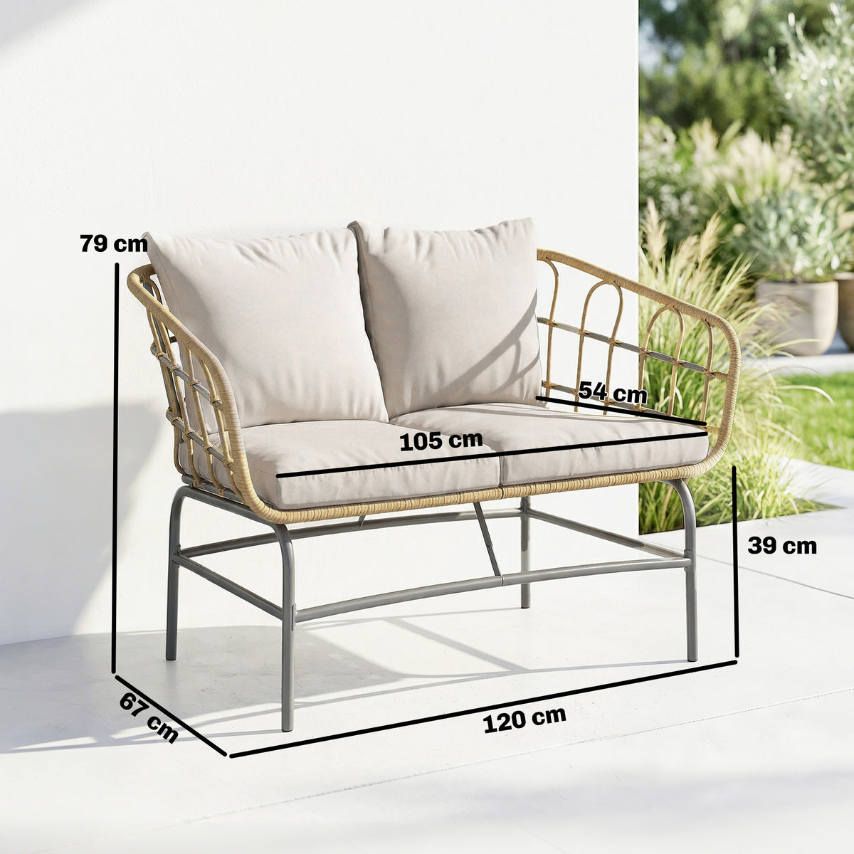 Canapé de Jardin 2 Places en Résine Tressée Coussins Épais Anti-glisse 120 x 67 x 79 cm Marron