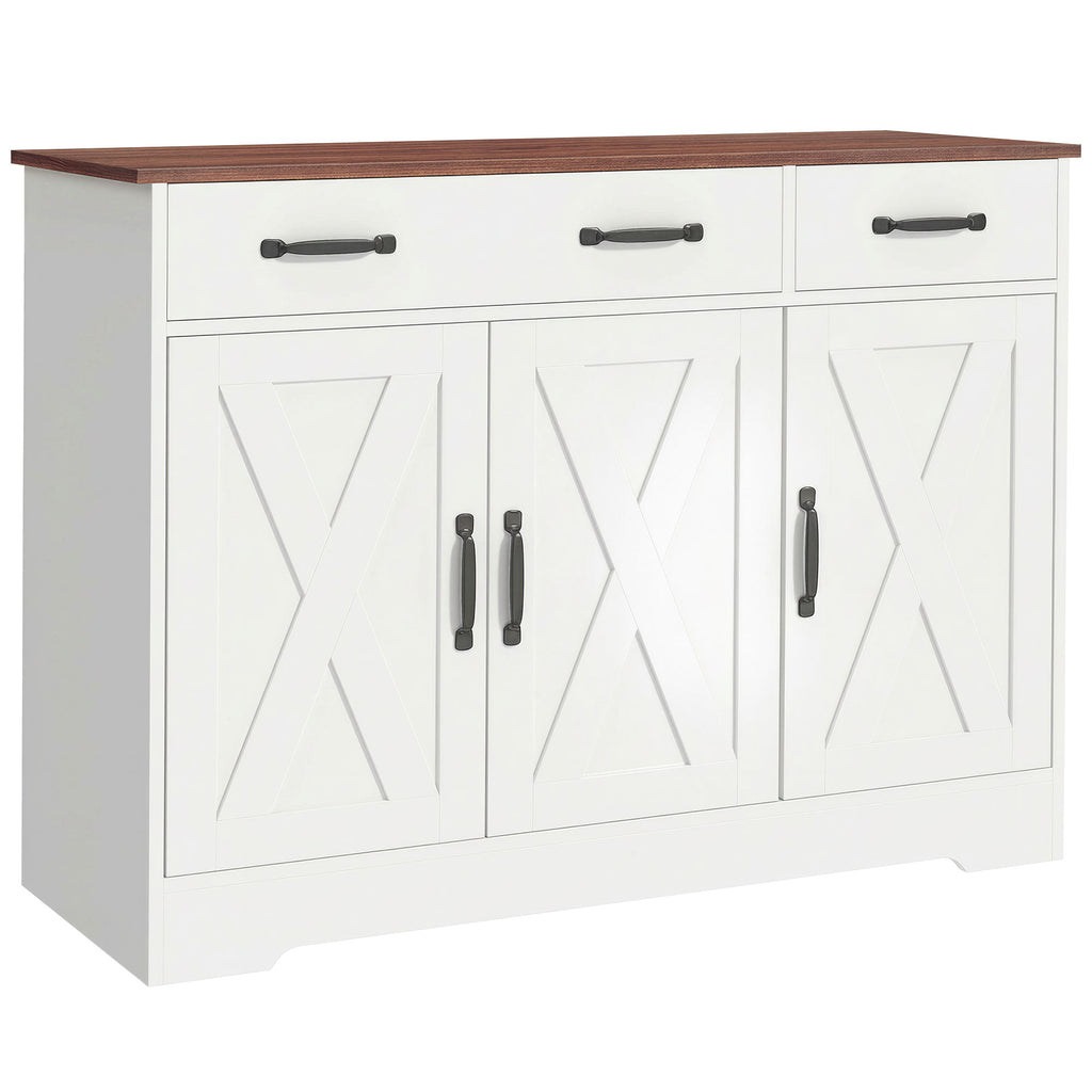 Buffet cuisine, meuble de rangement avec 3 portes de grange, 2 tiroirs et étagères réglables, 108 x 40 x 81 cm, blanc