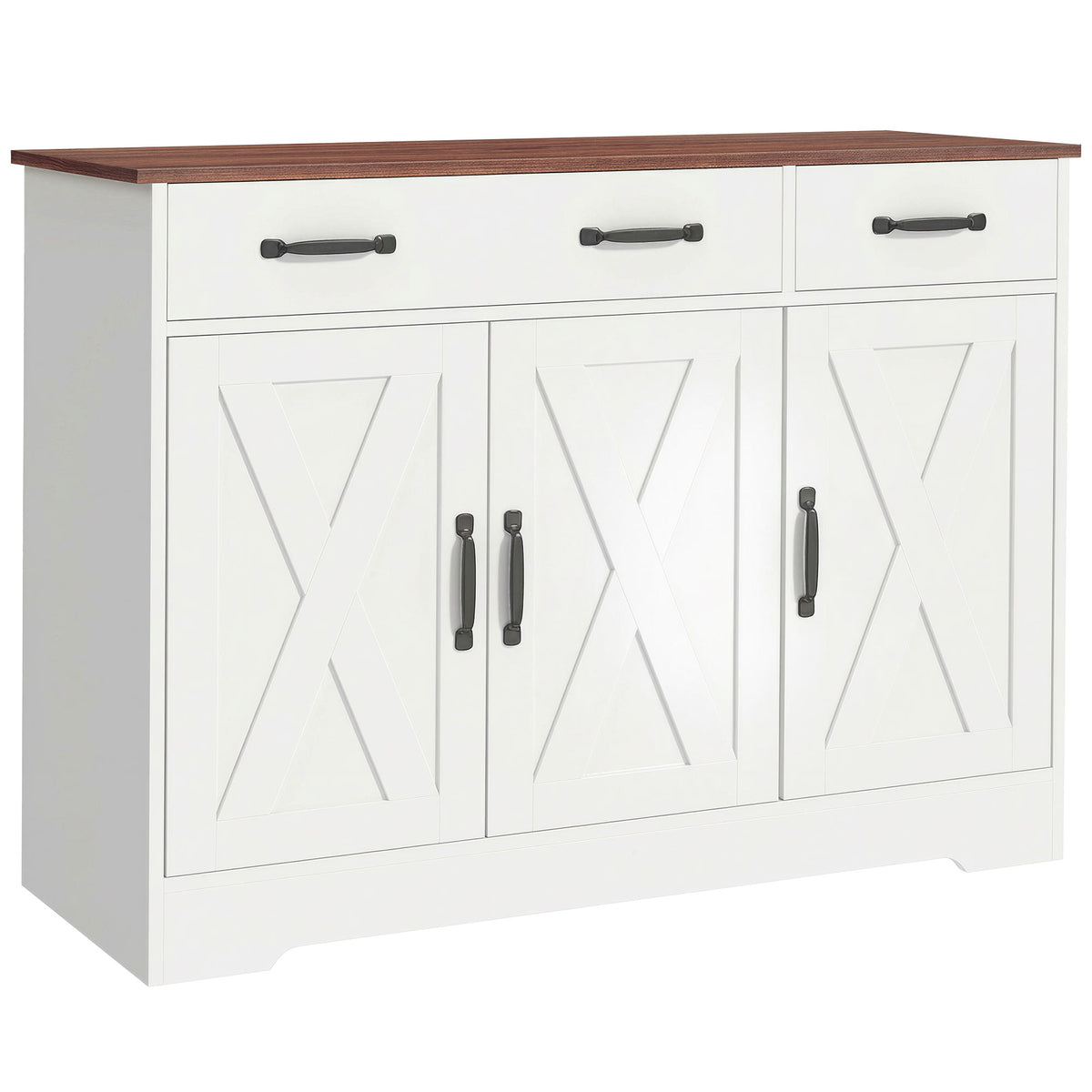 Buffet cuisine, meuble de rangement avec 3 portes de grange, 2 tiroirs et étagères réglables, 108 x 40 x 81 cm, blanc
