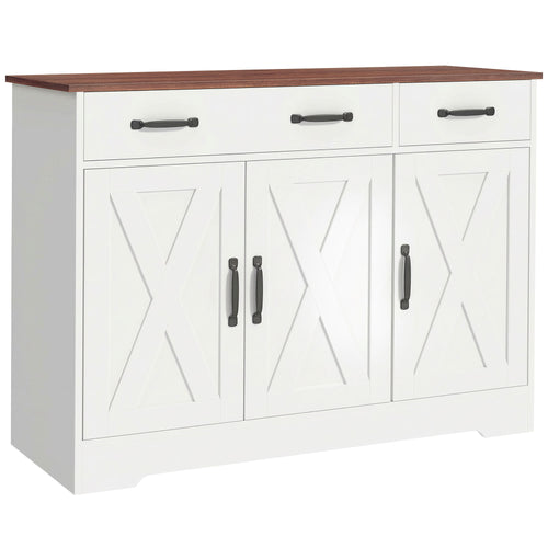 Buffet cuisine, meuble de rangement avec 3 portes de grange, 2 tiroirs et étagères réglables, 108 x 40 x 81 cm, blanc