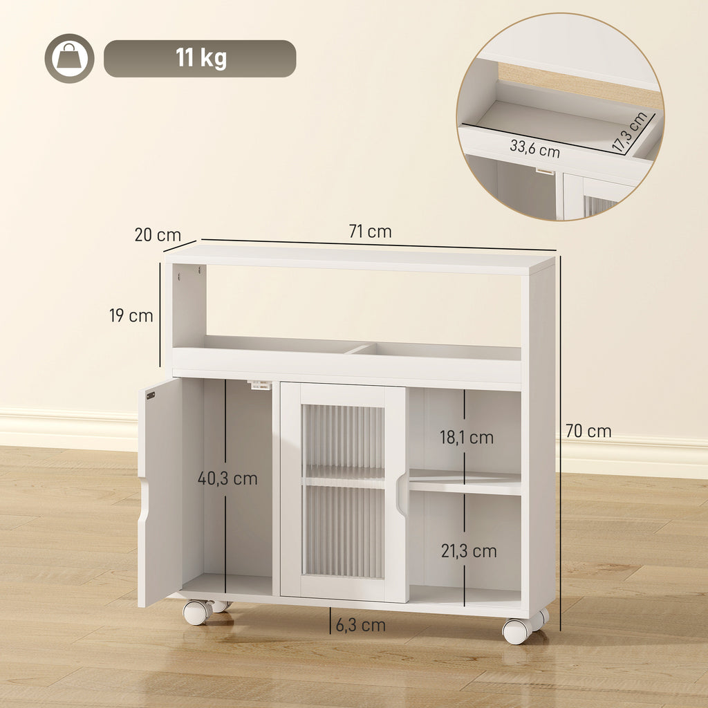 Meuble de Salle de Bain sur Roulettes, Portes en Verre Trempé, Compartiment Ouvert, Étagère Réglable, 71x20x70cm, Blanc