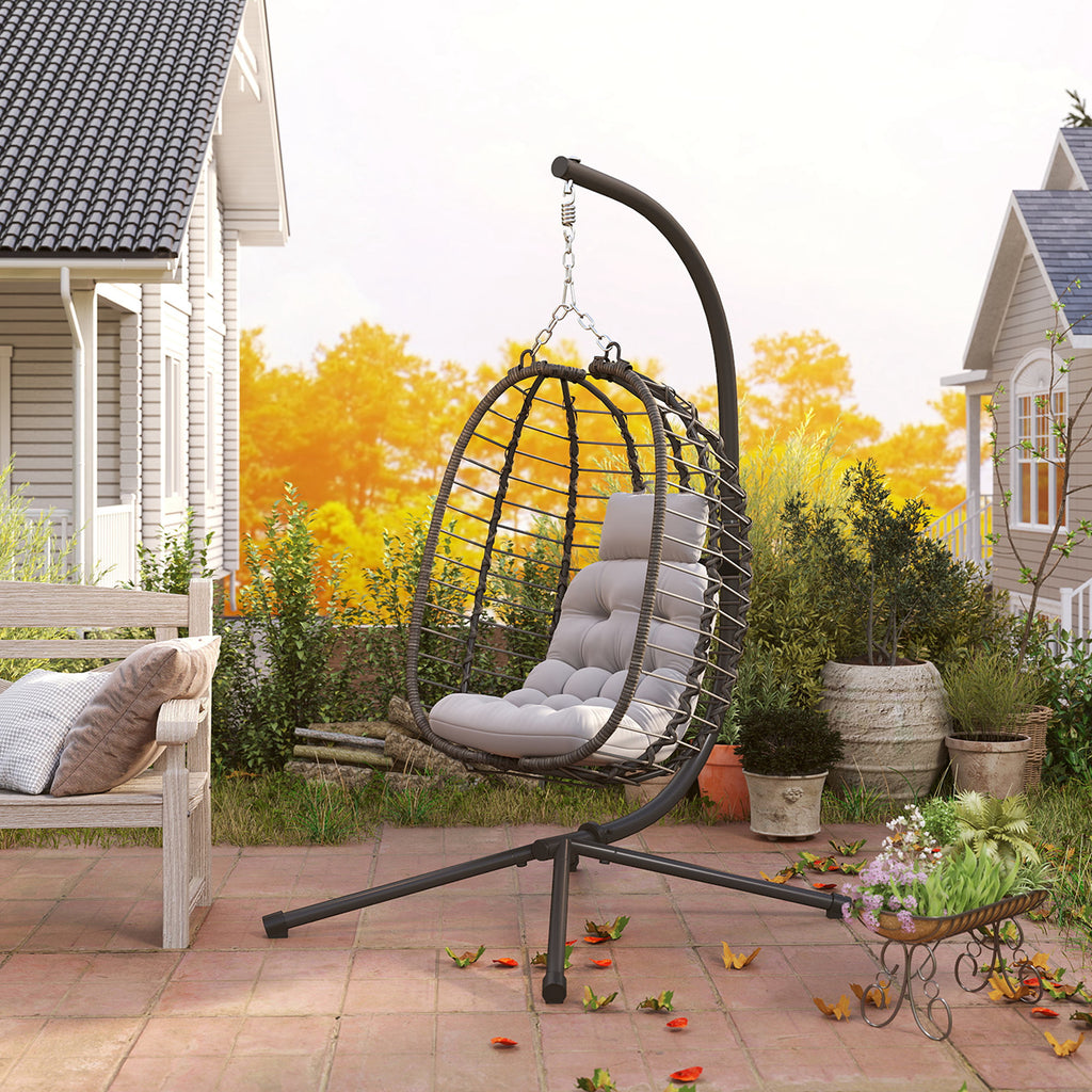 Fauteuil suspendu pliable en résine tressée avec support, coussin et oreiller hauteur réglable, gris