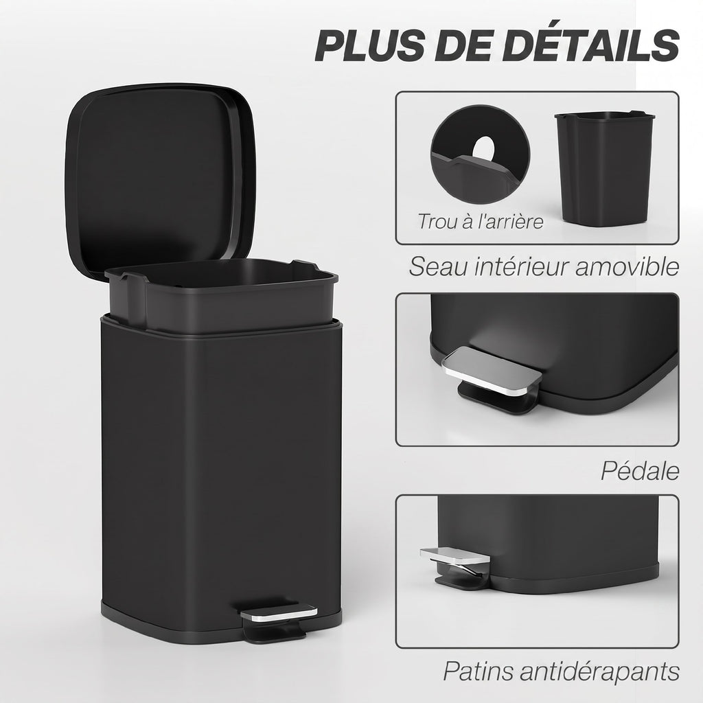 Poubelle de Cuisine 20L avec Couvercle à Fermeture Douce et Pédale, Seau Intérieur Amovible, 28L x 35l x 45H cm, Noir