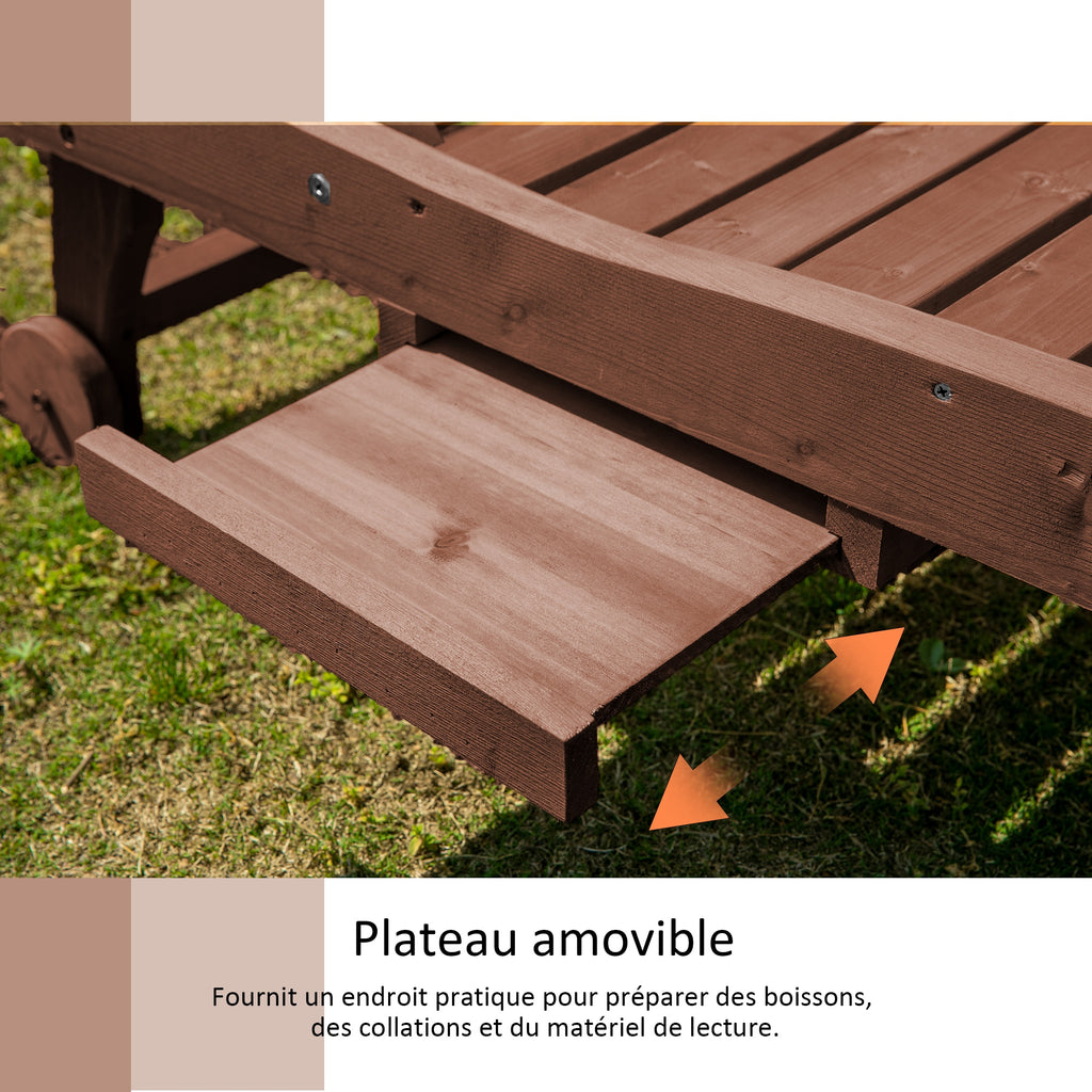 Bain de Soleil transat Style Colonial Dossier réglable 3 Positions roulettes Tablette Support Bois Sapin