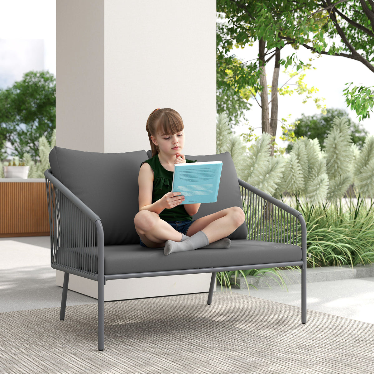 Canapé de jardin 2 places en résine tressée avec coussins canapé d'extérieur accoudoirs cadre en acier 112x72x76cm gris