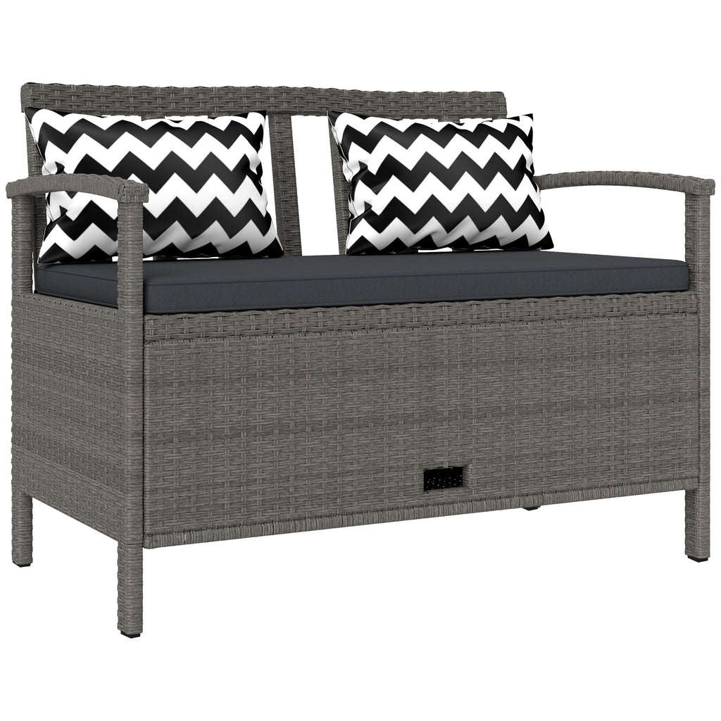 Banc extérieur jardin 2 places banc de rangement 160L en rotin PE avec coussin 2 oreillers 112 x 62 x 82 cm gris