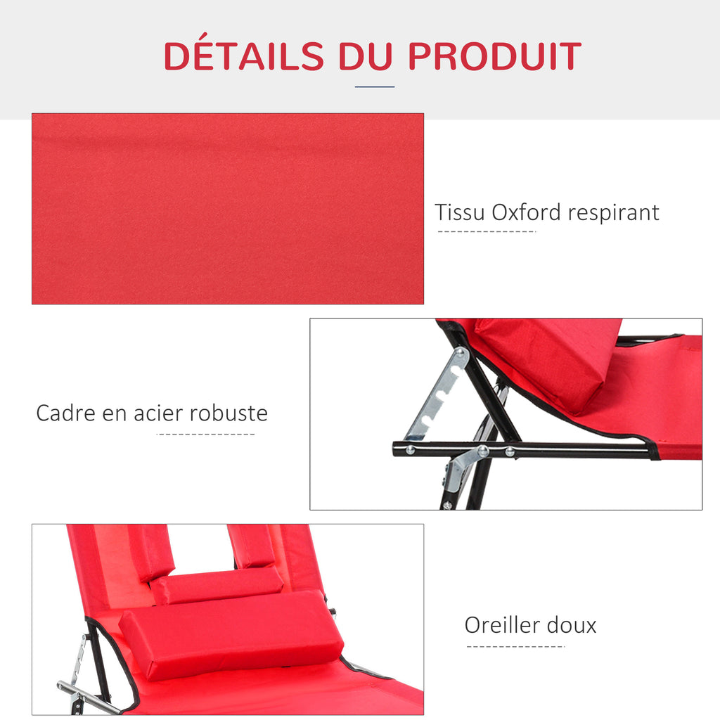 Bain de Soleil Pliable transat inclinable 4 Positions Chaise Longue 3 Coussins fournis Rouge