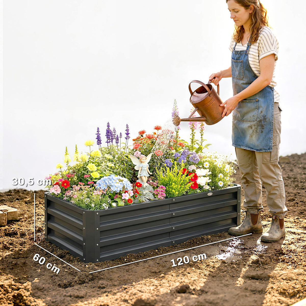 Carré potager de jardin rectangulaire tôle d'acier ondulée 120 x 60 x 30,5 cm gris