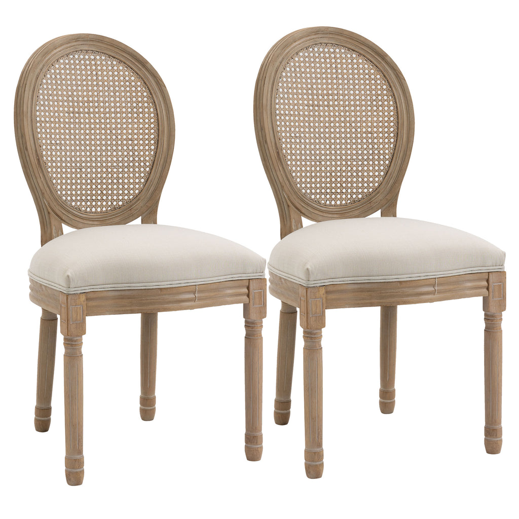 Lot de 2 chaises de Salle à Manger - Chaise de Salon médaillon Style Louis XVI - Bois Massif sculpté, patiné - Dossier cannage - Aspect Lin Crème