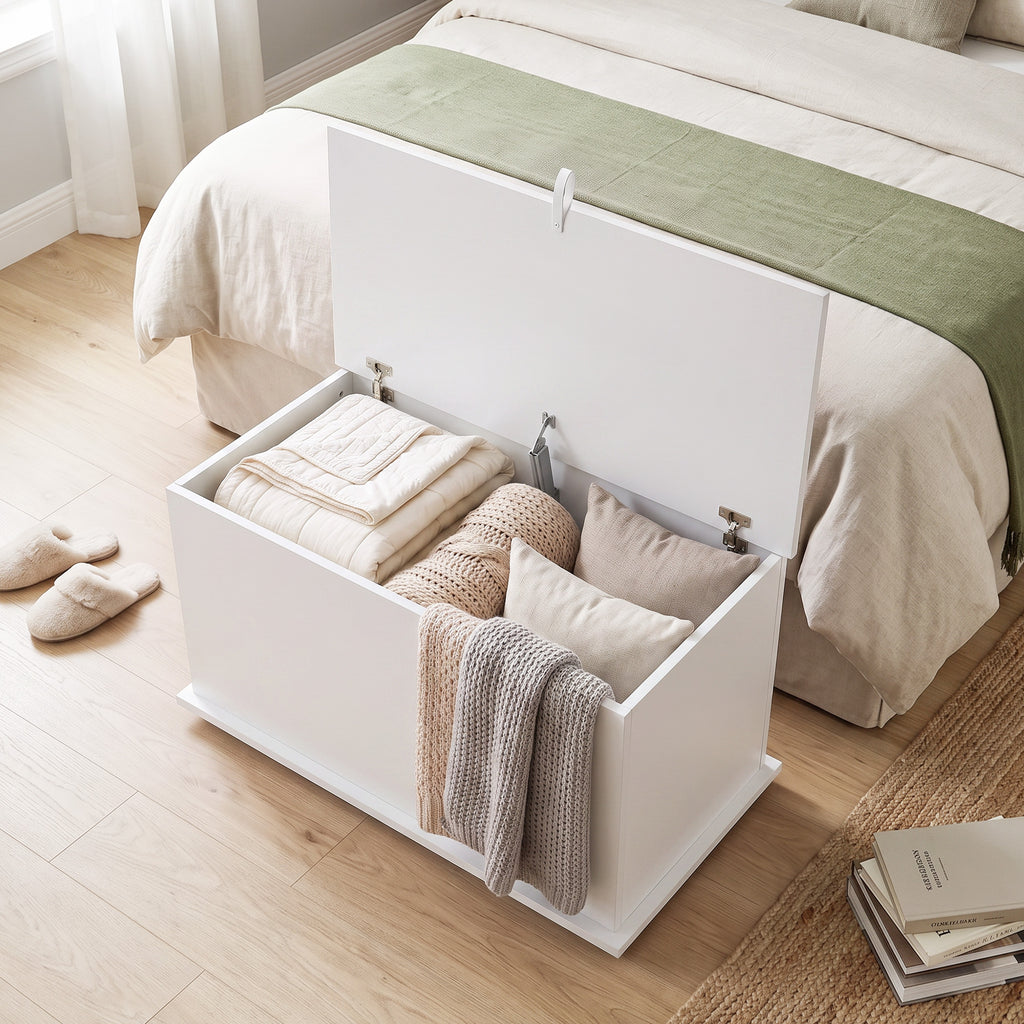 Coffre de Rangement, Banc de Rangement avec Couvercle Rabattable et Charnières de Sécurité, 80 x 40 x 45 cm, Blanc