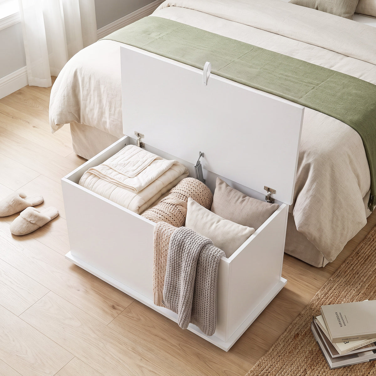 Coffre de Rangement, Banc de Rangement avec Couvercle Rabattable et Charnières de Sécurité, 80 x 40 x 45 cm, Blanc