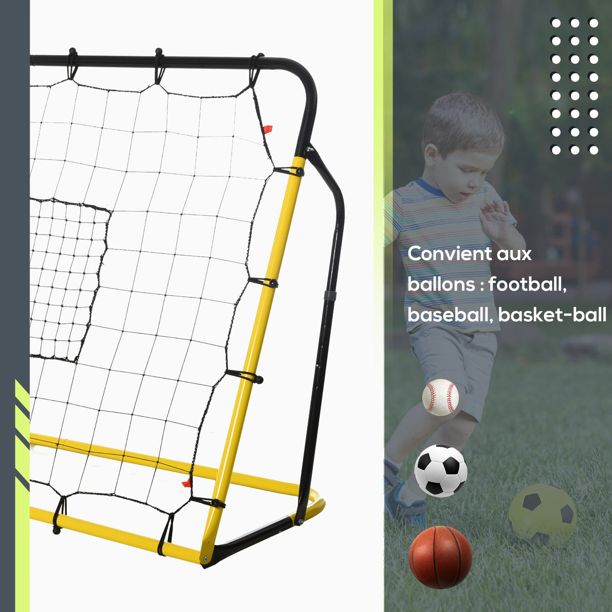 Filet de rebond de football, 184L x 123H cm, rebondisseur de football, 5 angles réglables de 60° à 90°,  jaune et noir