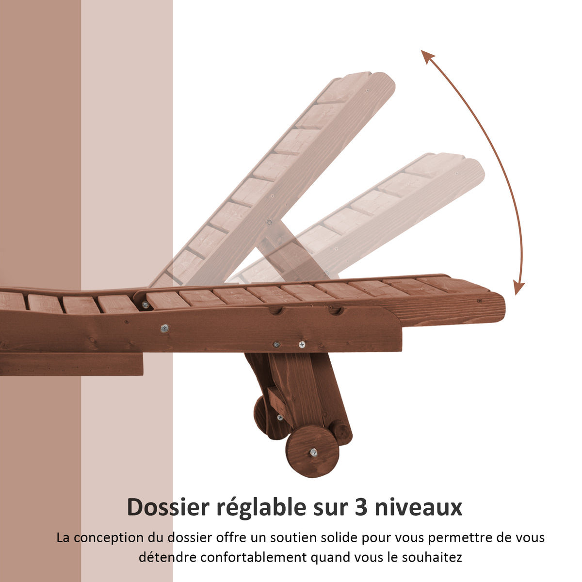 Bain de Soleil transat Style Colonial Dossier réglable 3 Positions roulettes Tablette Support Bois Sapin
