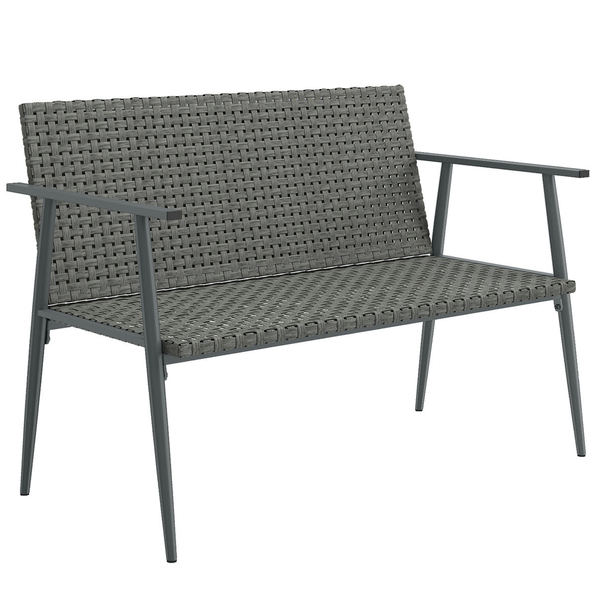 Banc de Jardin 2 places en Résine Tressée et Acier, avec Accoudoirs, Dossiers et Pieds Réglables, 110x58x78cm, Gris
