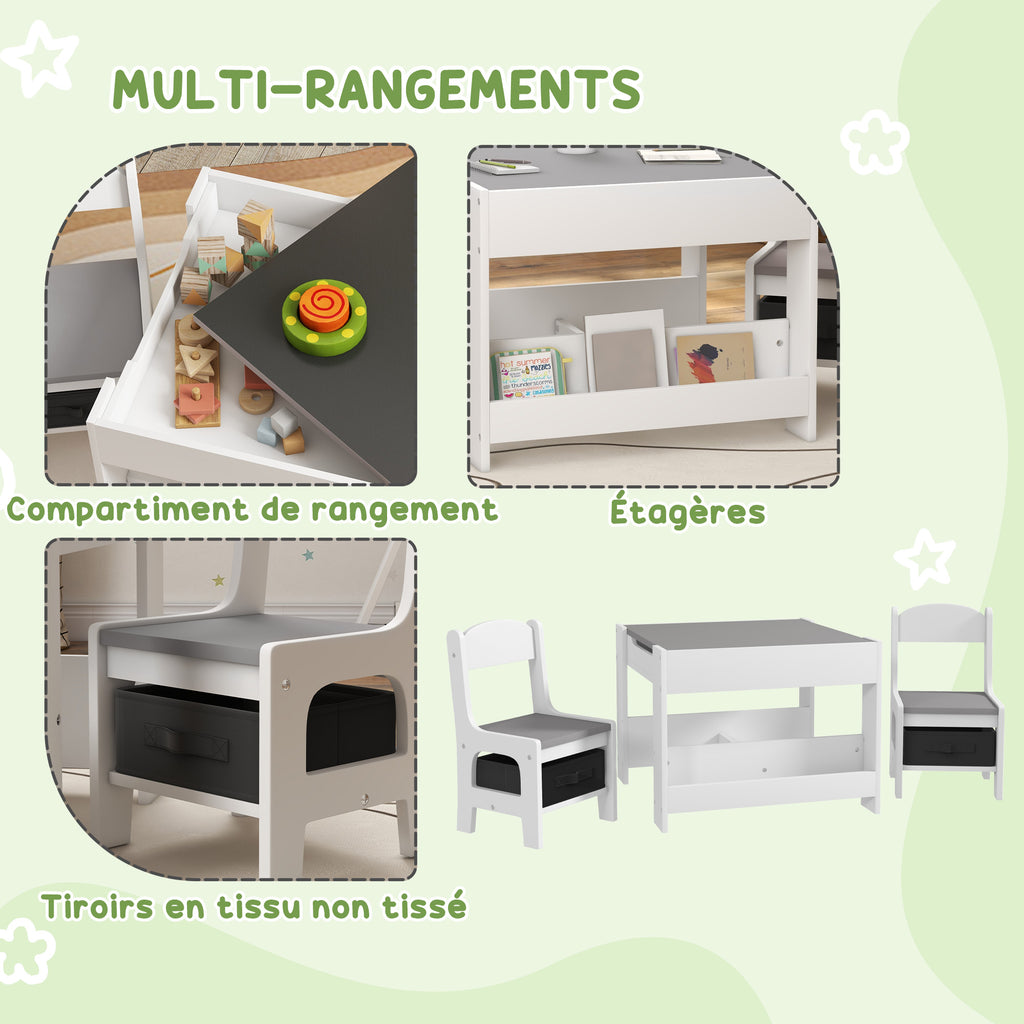 Ensemble 3 pièces table et 2 chaises pour enfant avec plateau réversible tableau noir, panier de rangement, étagères