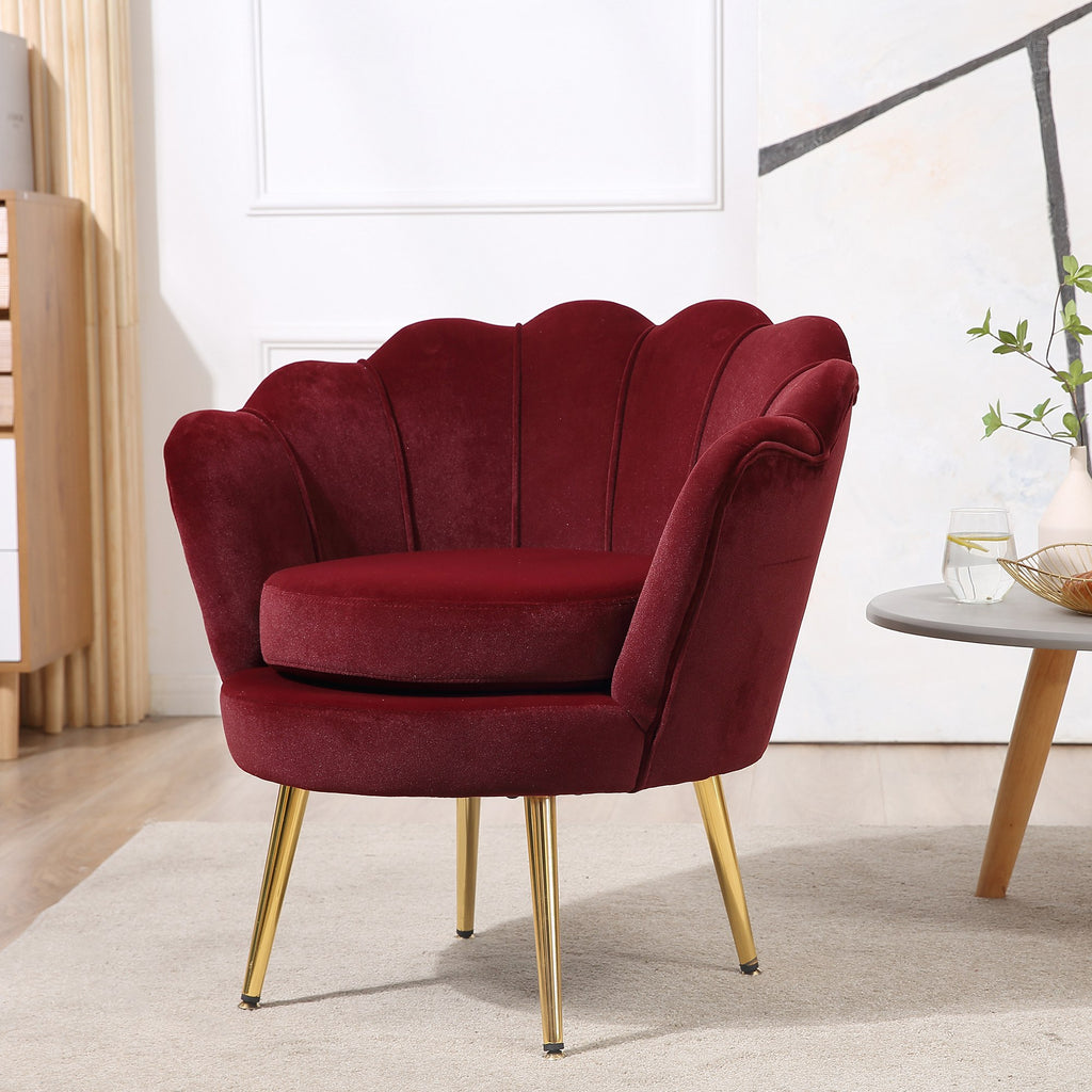 Fauteuil salon fauteuil en velours fauteuil coquillage avec pieds en métal doré pour chambre à coucher, rouge