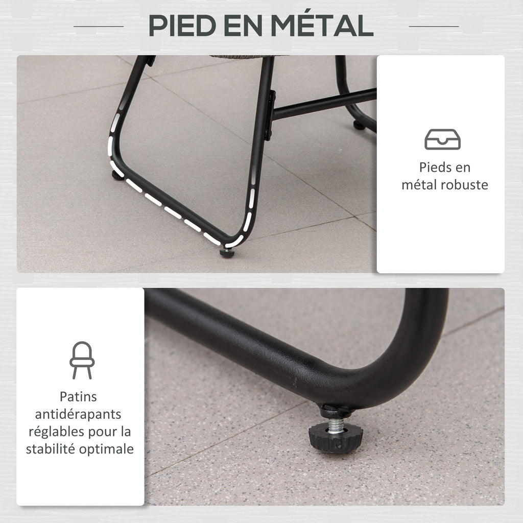 Fauteuil chaise de jardin avec repose-pieds en métal époxy et résine tressée aspect rotin avec coussins