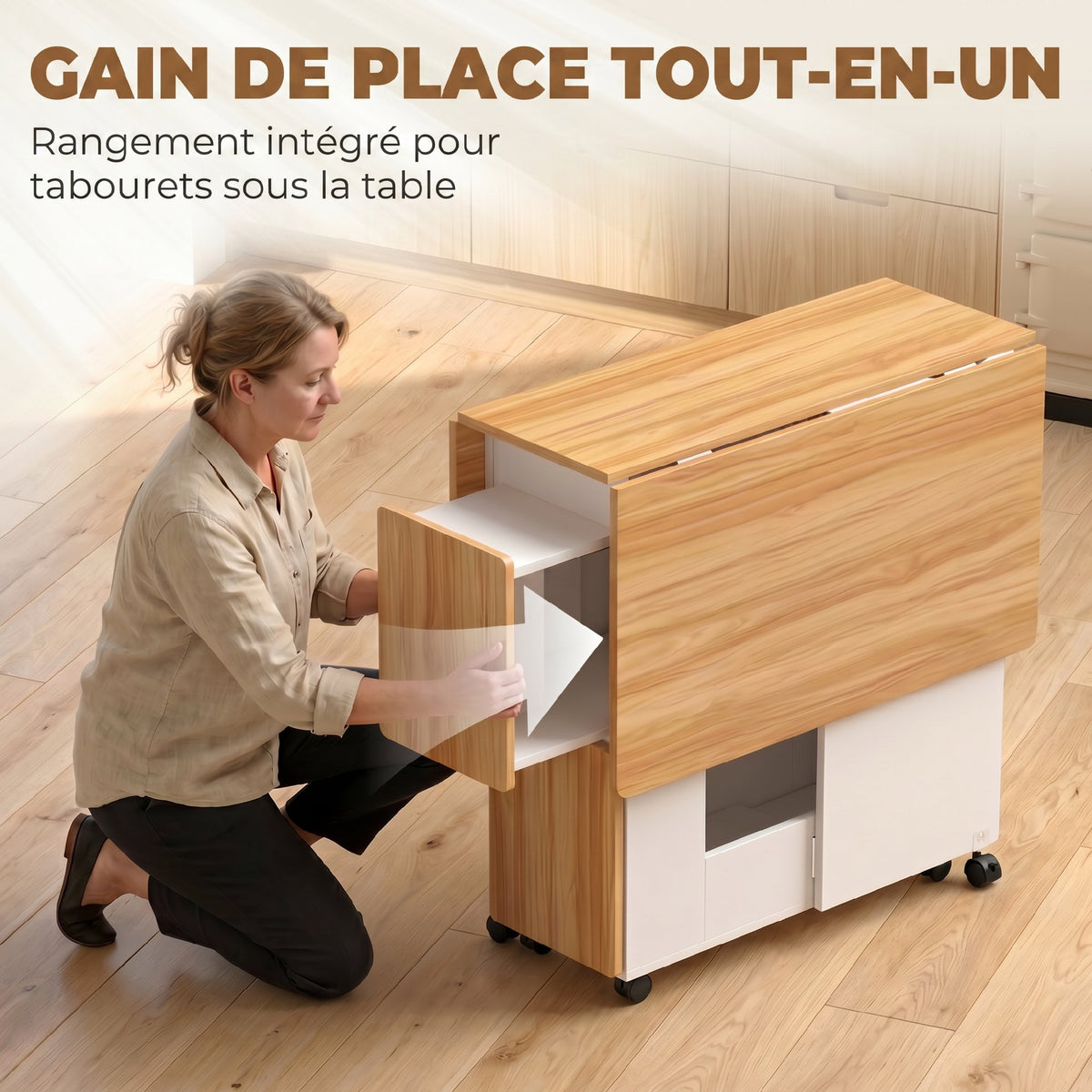 Ensemble table salle à manger pliante avec 4 chaises, table de cuisine avec chaises pour 4 personnes, roulettes, chêne