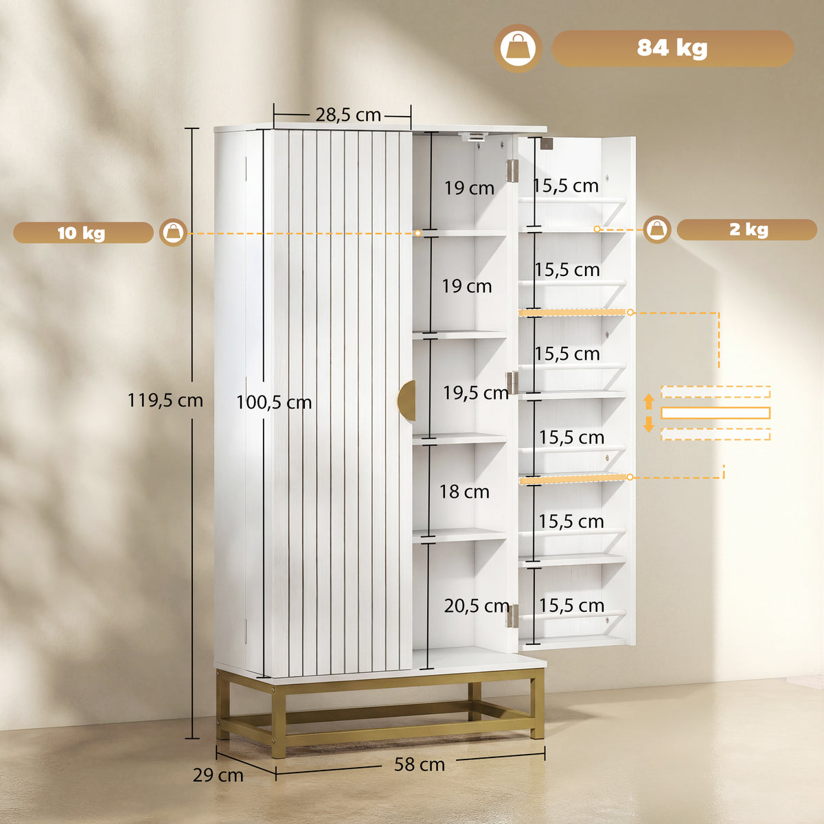 Armoire de cuisine meuble cuisine rangement avec 12 étagères à portes, étagères ajustables, 58x29x119,5cm, blanc
