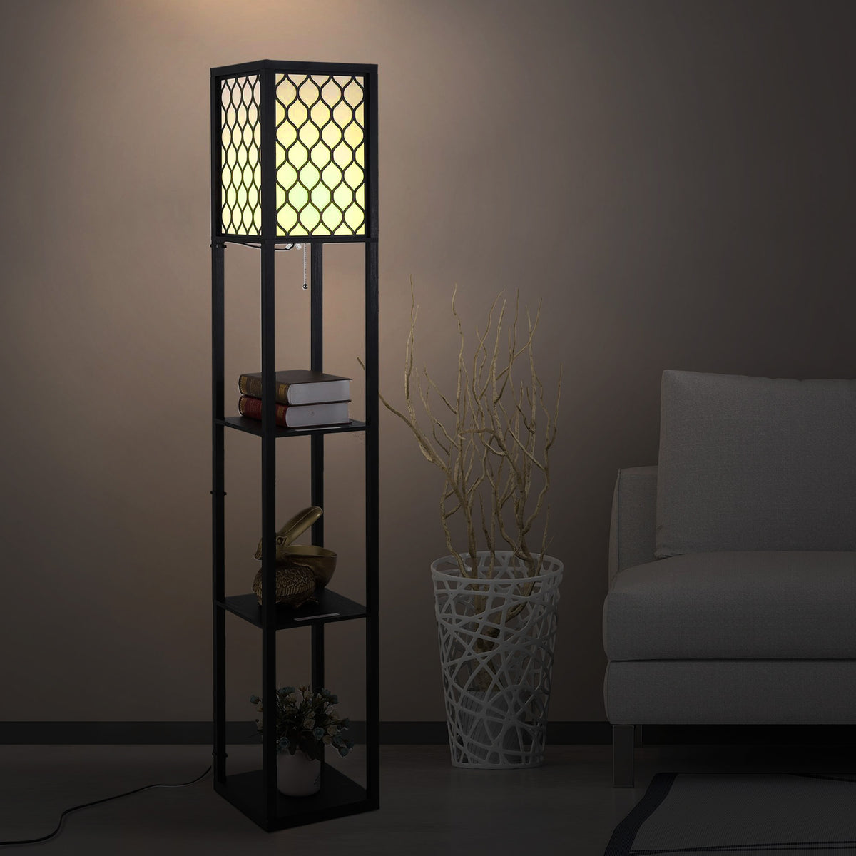 Lampadaire étagère Lampe étagère 26L x 26l x 160H cm 4 Niveaux MDF Noir Motif nid d'abeille