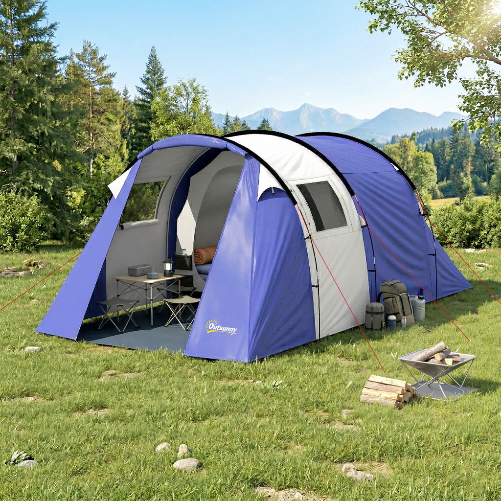 Tente de Camping pour 4 Personnes, 2 Chambres, Imperméable 3000mm, avec Tapis de Sol et Sac, 420x300x200cm, Bleu Foncé