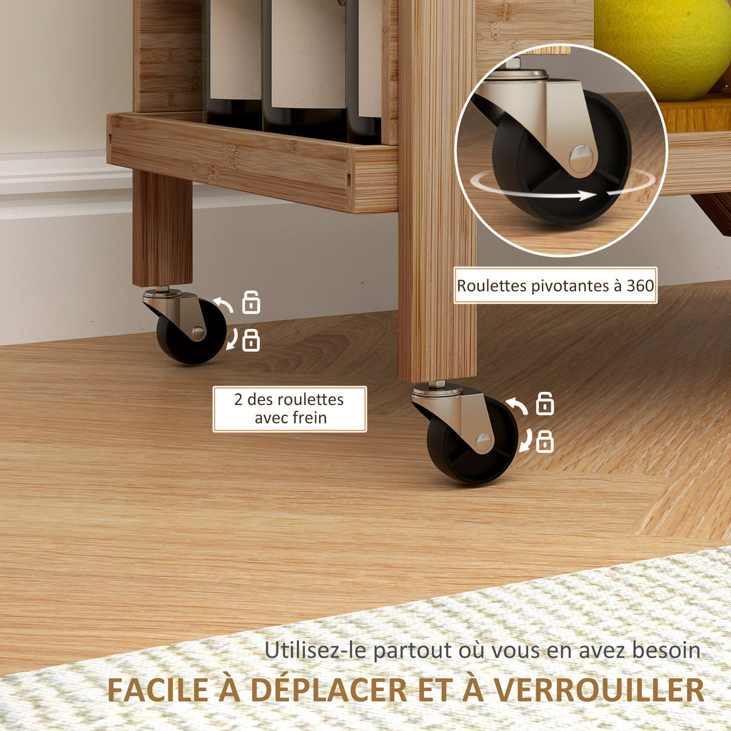 Desserte de cuisine en bambou chariot de service pliable 2 plateaux 4 roues 3 casiers à vin 66 x 40 x 70 cm bois naturel