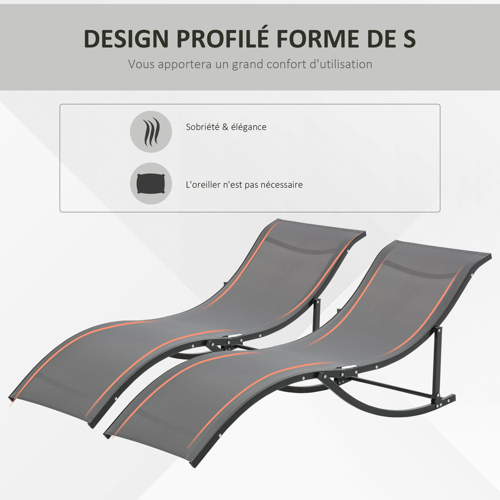 Lot de 2 bains de soleil pliables, chaise longue jardin extérieur en aluminium et textilène anthracite