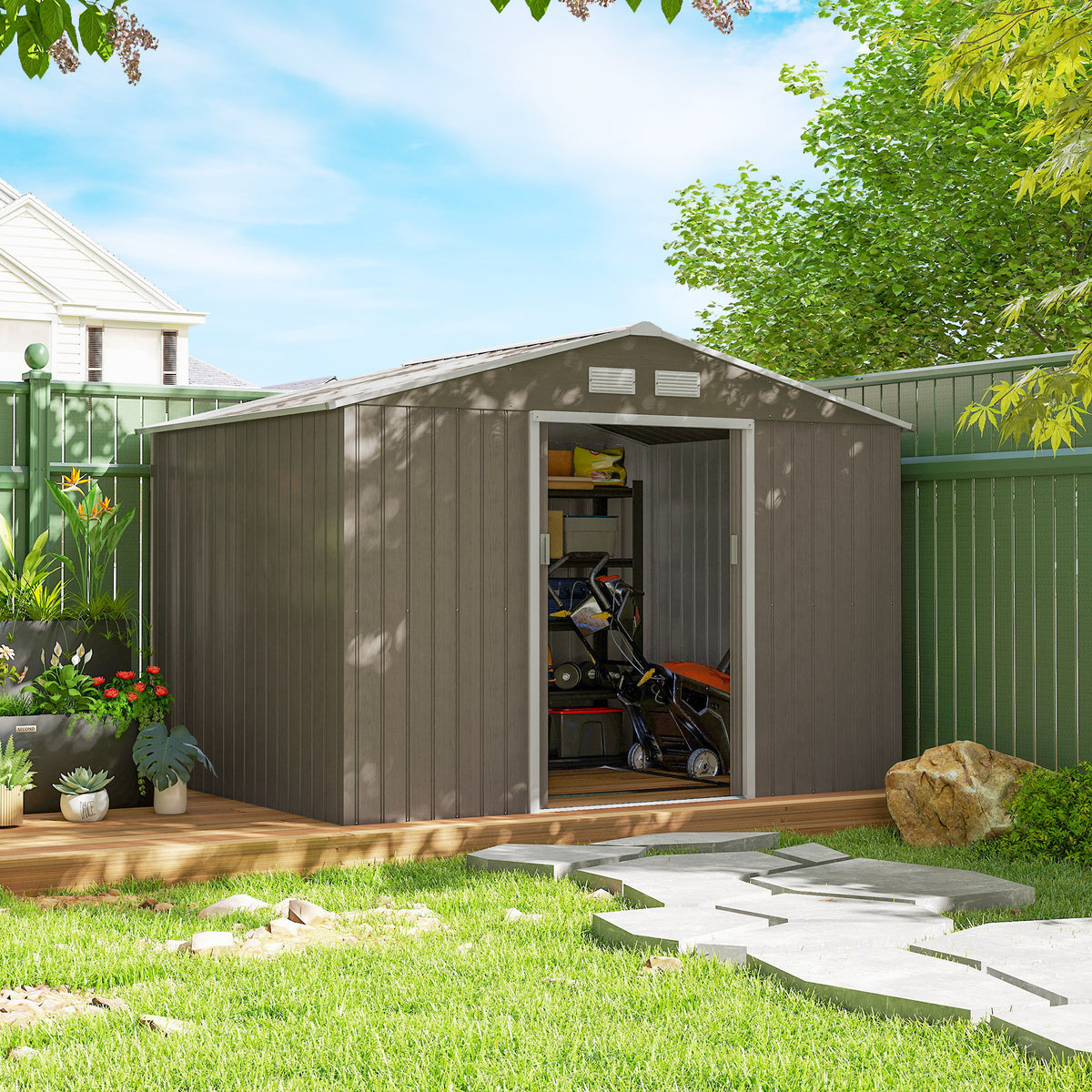 Abri de jardin 5,4 m² 2,77 x 1,95 x 1,92 m kit de fondation porte coulissante ventilations acier galvanisé, marron clair