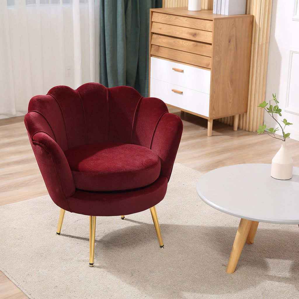 Fauteuil salon fauteuil en velours fauteuil coquillage avec pieds en métal doré pour chambre à coucher, rouge