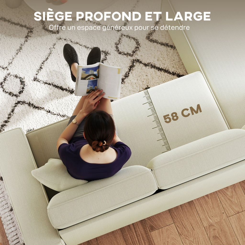 Canapé d'angle réversible 3 places moderne avec coussins inclus, tissu velours côtelé, crème