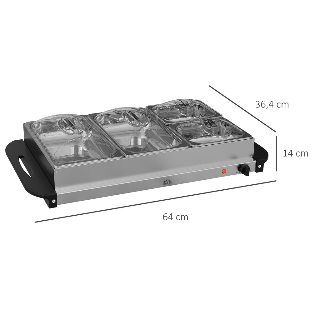 Chauffe-plats électrique acier inoxydable 300 W capacité 2 x 2,4 L et 2 x 1 L plaque chauffante et températur réglable