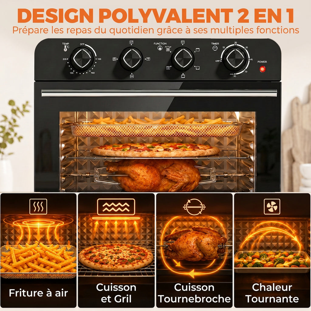 Friteuse à Air Chaud 36L, Four à Air Chaud 1800 W avec Rôtissoire, Plaque de Cuisson, Panier de Friture et Grille, Noir
