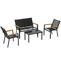 Salon de jardin extérieur 4 pièces avec canapé 2 places, 2 chaises et table basse en verre trempé, noir