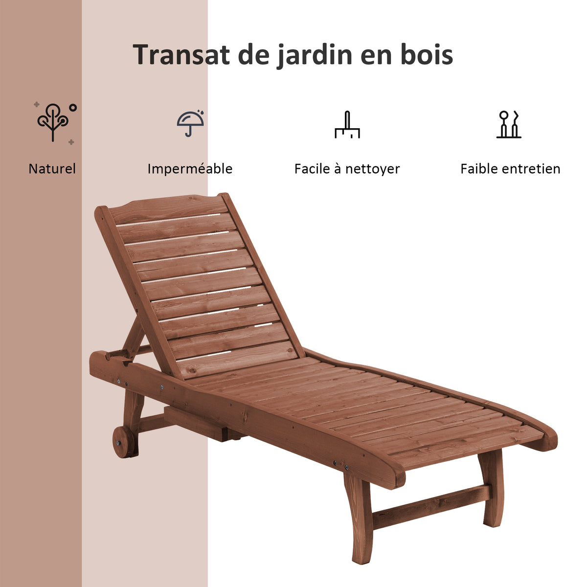 Bain de Soleil transat Style Colonial Dossier réglable 3 Positions roulettes Tablette Support Bois Sapin