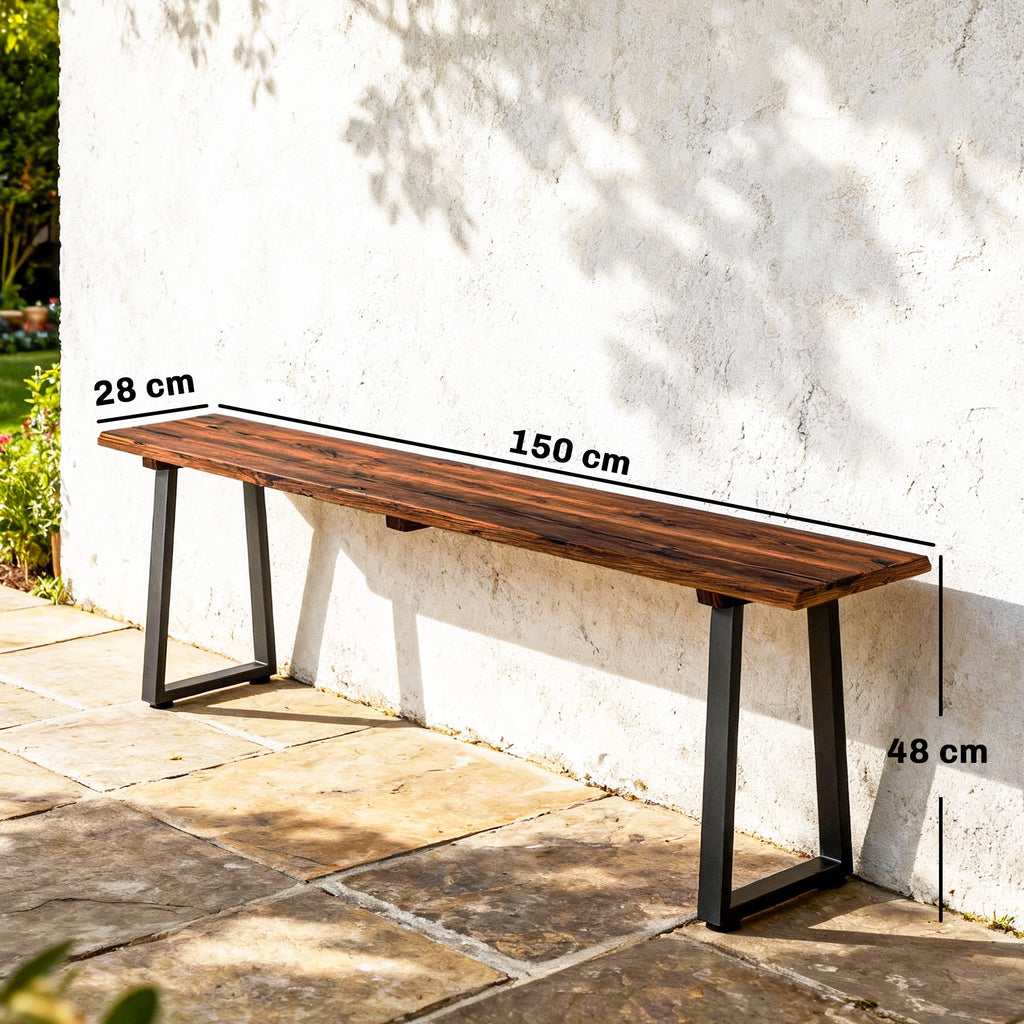 Banc de Jardin en Bois Sans Dossier en Bois, Pieds trapézoïdaux en acier, 2 Places à Effet Bois, 150x28x48cm, Carbonisé