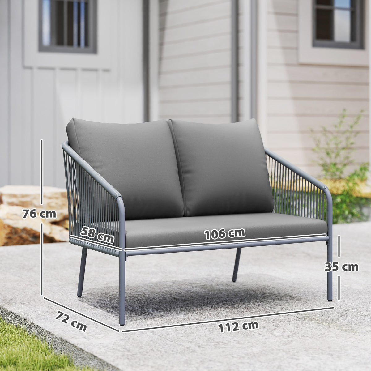 Canapé de jardin 2 places en résine tressée avec coussins canapé d'extérieur accoudoirs cadre en acier 112x72x76cm gris