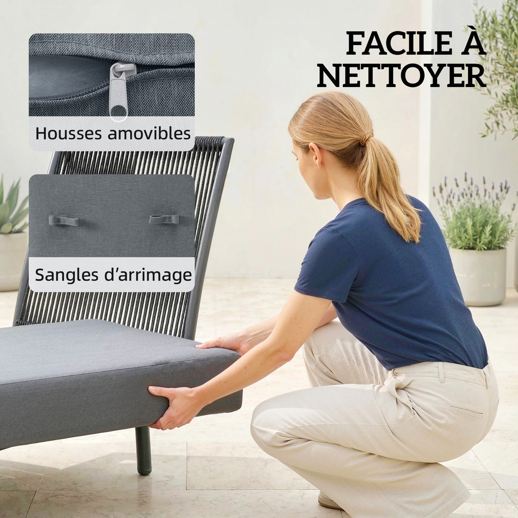 Chaise Longue de Jardin avec Coussins Lavables en Oléfine et Étagère Latérale, Cadre en Métal, 58x137x75cm, Gris