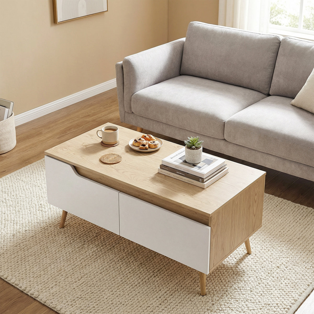 Table basse rectangulaire, table de salon moderne avec 2 tiroirs, 5 pieds en bois de pin, 100x50x46cm, chêne et blanc