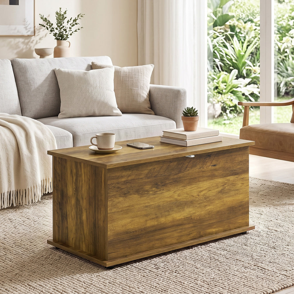 Coffre de Rangement, Banc de Rangement avec Couvercle Rabattable et Charnières de Sécurité, 80 x 40 x 45 cm, Marron