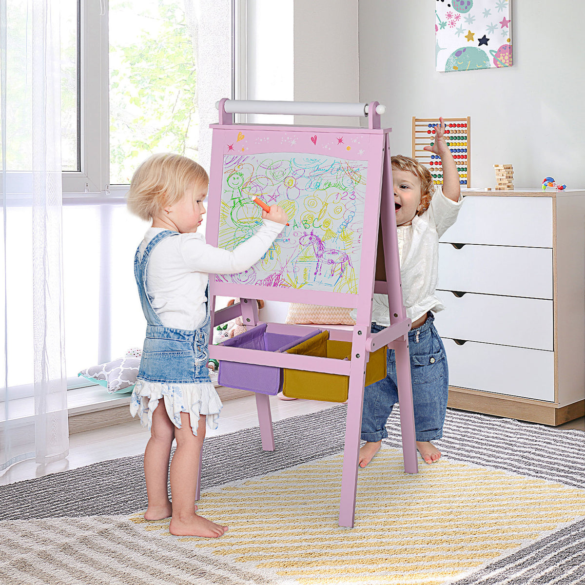 3 en 1 Tableau Enfant - chevalet Enfant - Ardoise Double Face - Tableau Blanc Tableau à Craie - Rouleau Papier avec accessoires + paniers Rangement intégrés - MDF Rose