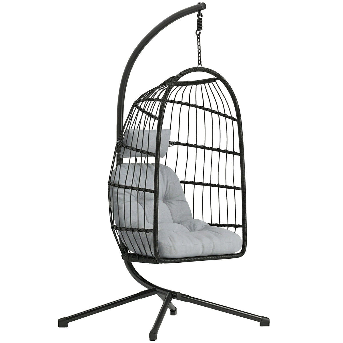 Fauteuil Œuf Suspendu Pliable avec Support Coussin 15cm et Appui-tête Gain de Place Résine Tressée 101x105x196cm Gris