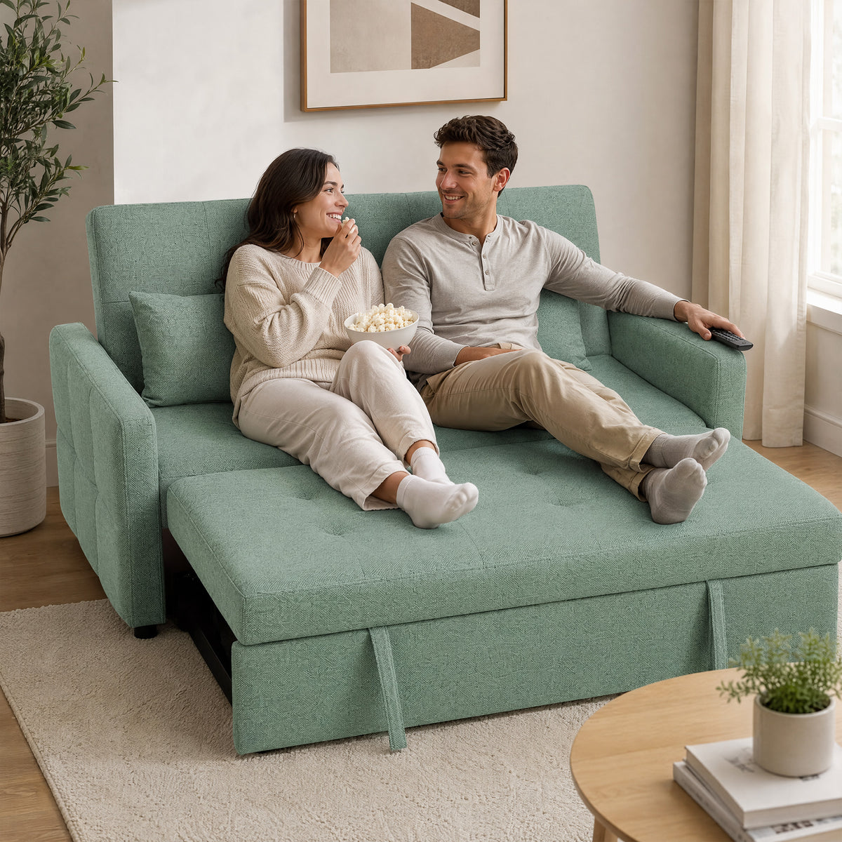 Canapé Convertible 2 Places 3 en 1, Canapé-Lit Clic Clac 160 cm, Dossier Réglable, Assise Large, 2 Oreillers, Vert