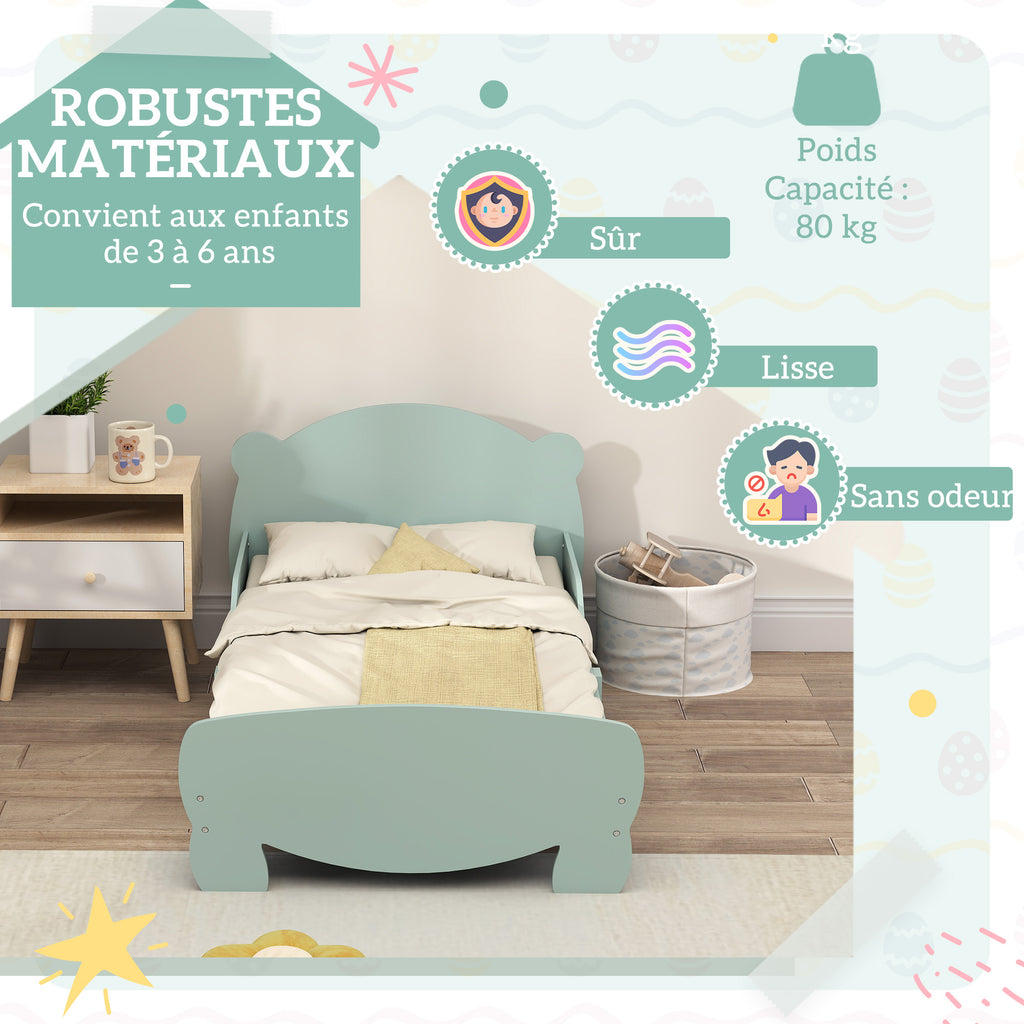Lit enfant 70x140 cm avec barrières de sécurité thème d'ours pour garçons, filles, âgés de 3 à 6 ans, vert
