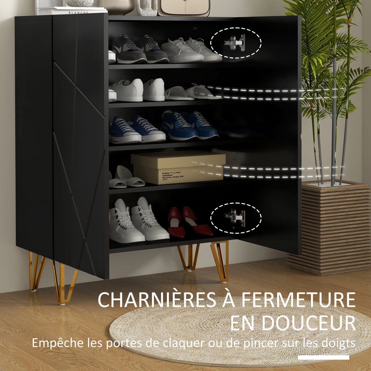 Meuble à chaussures meuble de rangement à chaussures 2 portes étagères réglables 72 x 31,5 x 95 cm noir laqué