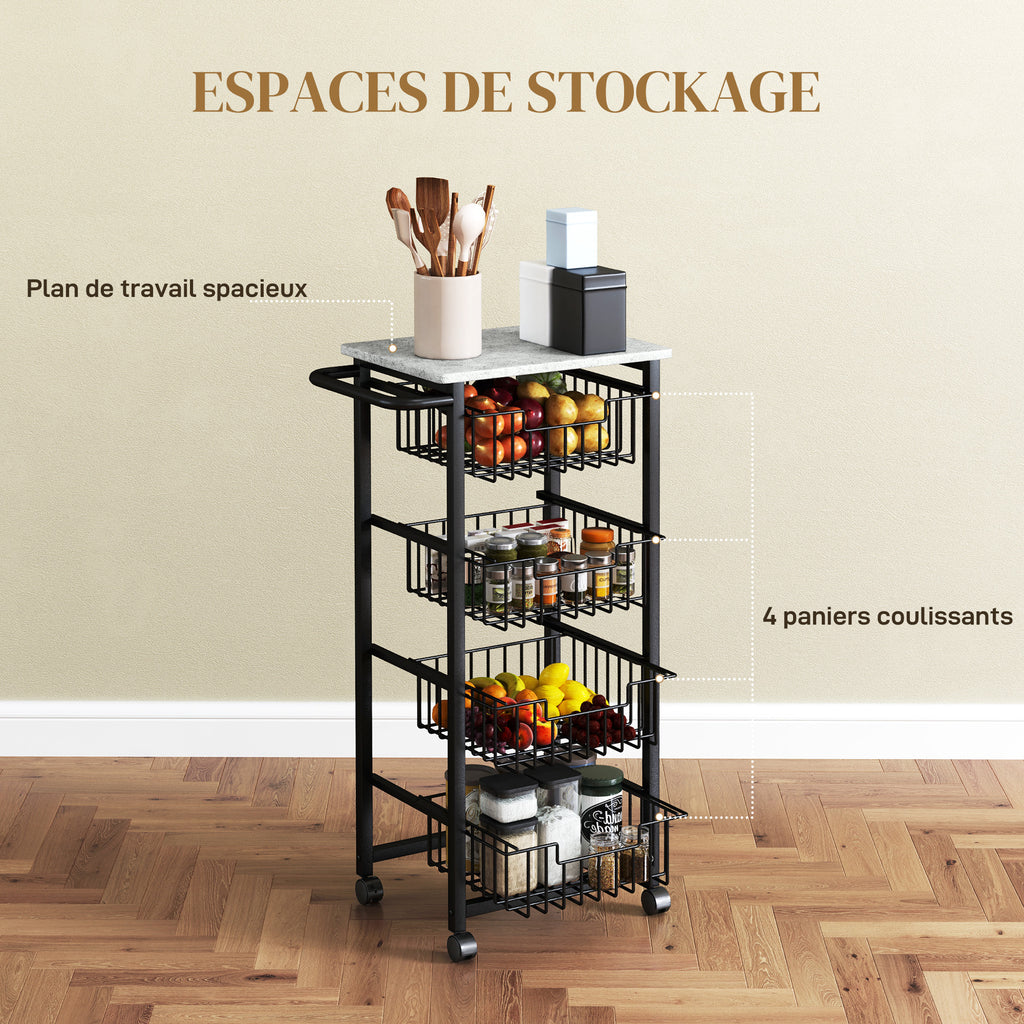 Desserte cuisine 4 niveaux chariot de service sur roulettes plan de travail cadre en acier 49,5 x 31 x 91 cm gris clair