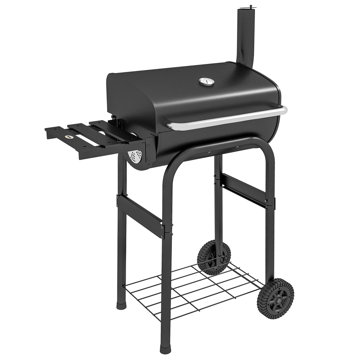 Barbecue au charbon de bois chariot de BBQ, avec étagères, roulettes, couvercle, thermomètre, cheminée, en métal noir